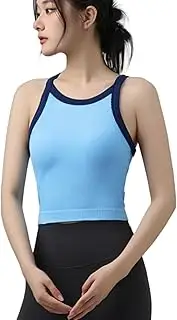 [TianheInnove] Women's Color-Block Sports Bra High-Impact Yoga Top,Quick-Dry Fitness Tank with Built-in Cups, Light Blue, Medium