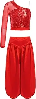 [Loodgao] Kids Girls Hip Hop Dance Outfits 2-Piece Shiny Sequins Crop Tops with Satiny Palazzo Pants Set