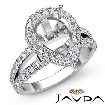 Halo Pear Shape Semi Mount Diamond Engagement Pave Ring 14k White Gold 1.52Ctw
