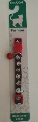 SIMPLY CAT Break-away Collar with Red bell Black with White Kitty faces 8-12in