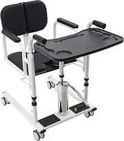 Patient Lift Transfer Chair, Hydraulic Lift with 180° Split Seat, Portable Potty, 330.7Lbs Capacity, 4 Brakes Wheels, Black & White, Modern Style, For Elderly & Disabled, Medical & Daily Care