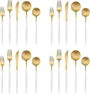 Matte Gold Silverware Set with white handle, Bysta 20-Piece Stainless Steel Flatware Set, Kitchen Utensil Set Service for 4, Tableware Cutlery Set for Home and Restaurant, Dishwasher Safe