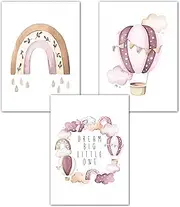 Lemmami Papeterie Set of 3 Boho Decorative Wall Pictures Nursery Baby Room Poster Pictures Girls Boy Dream Big Little One (Pink Hot Air Balloon Rainbow)
