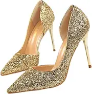 [SAFIGLE] High Heel Shoes for Women Sequin Pointed Toe Dress Shoes Thin Heel Wedding Banquet Size 41 Eu40 Us8.5 Uk6 Golden