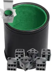 Set (6) 16mm Pearlized Olympic Silver Dice + PU Leather Green Felt Lined Cup