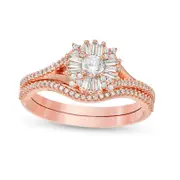 0.63 CT. T.W. Baguette and Round Natural Diamond Frame Bridal Engagement Ring Set in Solid 10K Rose Gold