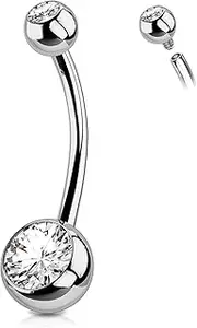 [OUFER] G23 Solid Titanium Belly Bars Balls 14G Internally Threaded 8 10 12 14 16mm Short Extra Long Navel Piercings Barbell Rings Double Clear CZ Gem 1.6mm No Dangle Belly Button Jewellery