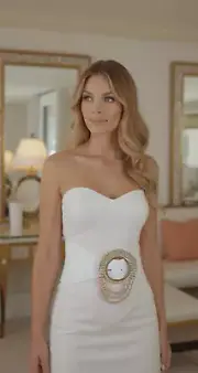 Women Elastic Band White Fashion Wide Hip High Waist Belt Gold Round Buckle S M