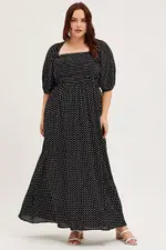 Polka Dot Midi Dress Scoop Neck Short Sleeve