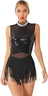 [Vxuxlje] Women's Shiny Sequin Fringe Latin Dance Dress Sleeveless Fringe Skirted Leotard Dancewear
