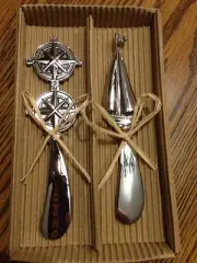Decorative Spreaders Set Of Two,Sail Boat & Compass Silver Zinc Alloy New In Box