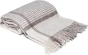 Drobė HOME Wool Blanket Made of 100% Pure Merino Wool, 140 x 200 cm, White/Brown, Soft, Warm Plaid Blanket Made of Virgin Wool with Fringes, Perfect as a Throw Sofa Blanket, Bedspread