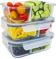 [Eaze Life] Set of 3 Meal Prep Boxes with Lid, Glass Food Storage Containers, 2 Compartments with Divider, Airtight, BPA-Free, Heat-Resistant, Suitable for Microwave and Freezer, 3 x 1000 ml with