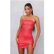 Red Split Hem Coated Denim Mini Dress, Red