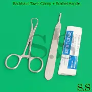 BACKHAUS TOWEL CLAMP 3.5"+SCALPEL HANDLE #3+5 SURGICAL BLADES #11