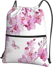 EdWal Pink Flowers And Butterfly Print Drawstring Backpack Gym Bags Sports Bags With Zipper Pocket For Travel Beach, Black, One Size