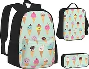 [ERCgad] Ice Cream Cones Print Canvas 3-In-1 School Bags Set Backpack Lunch Bag Pencil Case Combo For Men Women, Black, One Size
