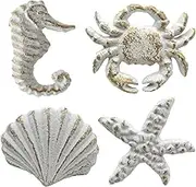 Joyindecor Ocean Cabinet Knobs for Dresser Cupboard Wardrobe Cabinet Kitchen, Distressed Cast Iron Beach Theme Drawer Pulls Handles, Sea Horse, Starfish, Seashell and Crab, Pack of 4 (White)