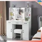 Dressing Table Stool Set LED Lighting Makeup Mirror Vanity Desk Cabinet White