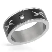 Attractive Gentlemens Band Ring W/CZ & Black Enamel in Stainless steel Size 10