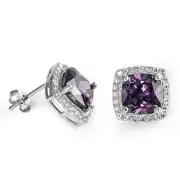 Men Women Silver Cushion Cut Simulated Amethyst CZ Stone Halo Stud Earrings