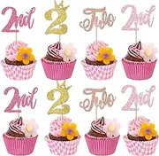 SYKYCTCY 24 Pack Glitter Crown Two Cupcake Toppers - 2nd Birthday Cupcake Picks Number 2 Cake Picks for Baby Shower, Kids Second Birthday, Anniversary Party Cake Decorations - Colorful