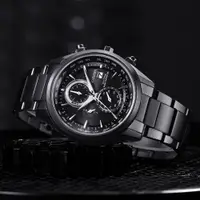 在飛比找PChome24h購物優惠-【CITIZEN 星辰】黑鋼風範光動能電波不鏽鋼腕錶/黑(A