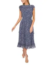 CeCe Flutter Sleeve Smocked Midi Dress