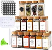 24 Pcs Glass Spice Jars with Bamboo Lids, 4 oz Glass Jars with Minimalist Farmhouse Spice Labels Stickers, Collapsible Funnel, Seasoning Storage Bottles for Spice Rack, Cabinet, Drawer