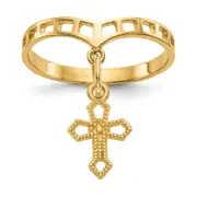 14K Yellow Gold Polished Cross Dangle Charm Ring