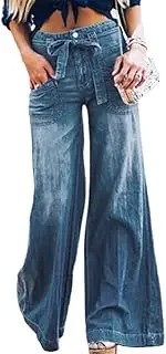 [utcoco] Women's Casual Loose Fit Mid Waisted Belted Flare Bell Bottom Palazzo Lounge Denim Jeans Pants