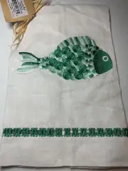 Mud Pie HAND Towel FISH WHITE GREEN LINEN NWT