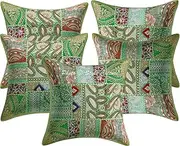 Stylo Culture Ethnic Cotton Decorative Throw Pillow Covers Parrot Green 12 x 12 Bohemian Vintage Patchwork Ethnic Sofa Cushion Covers 30x30 cm Home Decor Abstract Square Pillow Cases | Set of 5