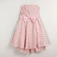 在飛比找Yahoo!奇摩拍賣優惠-可愛夢幻公主粉色系格子平口顯瘦連身蓬蓬蕾絲洋裝 小伴娘 小禮