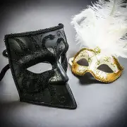 Venetian Buata Gold Feather Halloween Masquerade Ball Couple's Eyes Party Mask