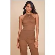Chocolate Brown Textured Sheer Woven Backless Asymmetric Long Top, Chocolate Brown