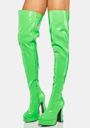 [Dolls Kill x Ellie Shoes] Green Patent Thrill Thigh High Boots