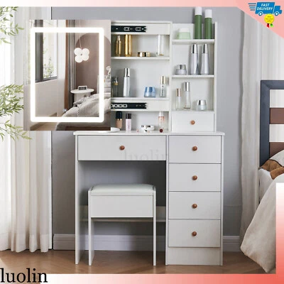 Makeup Vanity Desk Stool Set with LED Sliding Mirror Dressing Table & 6 Drawers