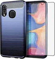 [Asuwish] Phone Case for Samsung Galaxy A20 A30 with Tempered Glass Screen Protector Cover and Slim TPU Cell Accessories Protective Glaxay M10s A 20 30 Gaxaly 20A SM A205G Women Men Carbon Fiber Blue