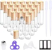 PrettyCare Essential Oil Roller Bottles 10ml (24 Pack Clear Glass With Gold Cap, 4 Extra Balls, 48 Labels, 2 Openers, 2 Funnels) Roll on Bottles for Essential Oils