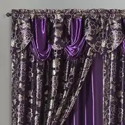 GOHD Royal ROSARIUM. Clipped Voile/Voile Farmhouse Jacquard Window Curtain Panel Drape with Attached Fancy Valance & Taffeta Backing.2pcs Set. Each pc 54" Wide x 84" Drop + 18" Valance. (Purple)