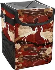 Car Trash Can with Lid and Storage Pockets Leak-Proof Organizer,Waterproof Garbage Can,Crane with Floral Red Background