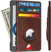 [FINTIE] Slim Minimalist Front Pocket Wallet with Built-in Case Holder for AirTag, 7 Slots Leather Wallet with AirTag Holder, RFID Blocking Cash Credit Card, Vintage Brown, Minimalist