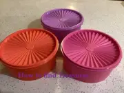 RZ) BRAND NEW TUPPERWARE 2L STACKING CANISTER SET OF 3 PURPLE ORANGE PINK