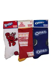 3 Pairs Novelty Crew Socks, fits men's shoe sz 6-12) Look-Aid, Cup Noodles,Oreo￼