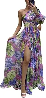[Sweejim] Women Sexy Hight Split Hem One Shoulder Print Dress Side Split One Sleeve Long Evening Dresses
