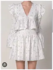 Kimberley Anne Blue Hydrangea Embroidered Linen Skirt and Top Set - Size 8