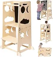 Beideli 3-in-1 Toddler Learning Tower, Kitchen Step Stool with Double-Sided Blackboard, Wooden Kitchen Helper, Foldable Montessori Stand for Kids Aged 18 Months to 6 Years