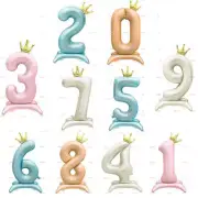 42 Inch Caramel Vanilla Pink Blue Number Stand Foil Balloons with Crown Figures