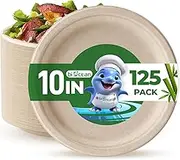 10 Inch Compostable Plates 125 Pack Heavy Duty Compostable Paper Plates, Natural Sugarcane Bagasse Disposable Plates, Brown Biodegradable Plates for Dinner, Party, and Weddings (Round)